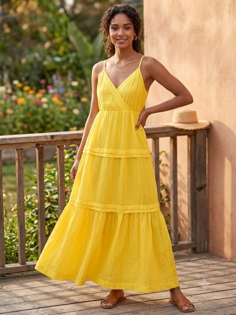 Simply Vera Vera Wang Yellow Tiered Maxi Dress XXL Smocked Back Surplice Pockets